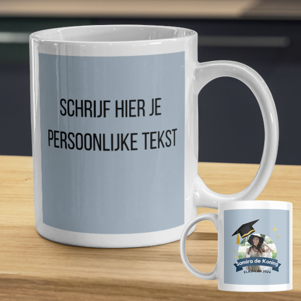 De achterzijde van de mok kan bedrukt worden met een persoonlijke boodschap