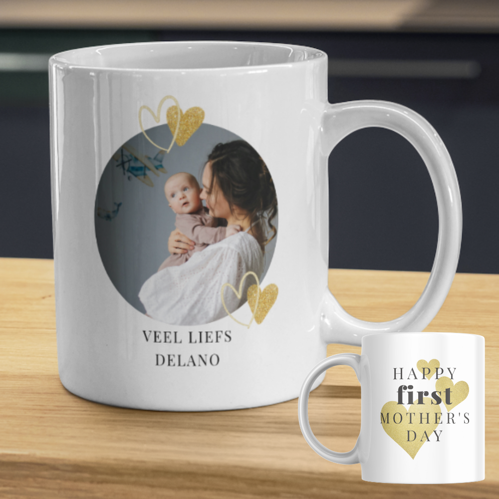 Mok met tekst 'Happy first mother's day' met foto & naam