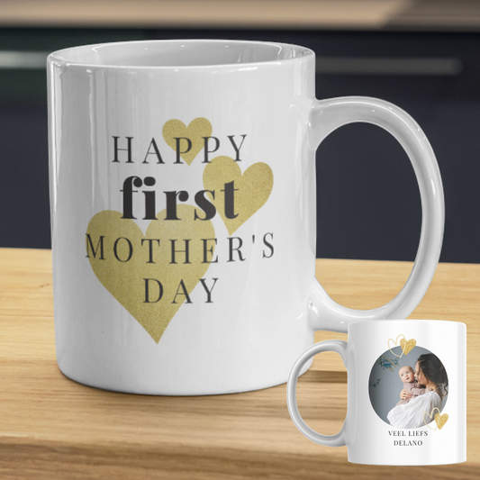 Mok met tekst 'Happy first mother's day' met foto & naam